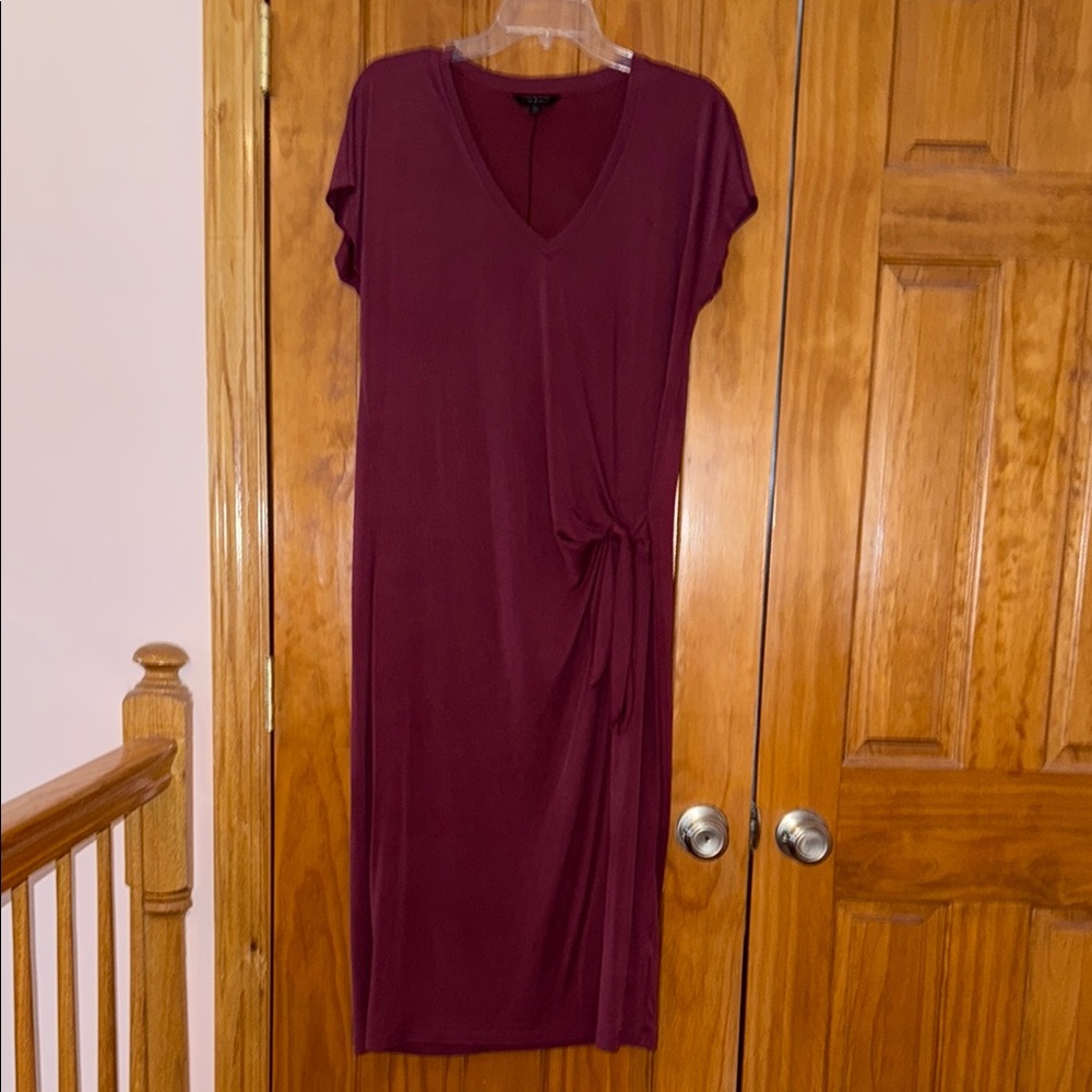 Lucky Brand Burgundy Maroon Knotted V-Neck Short Sleeve Fitted Dress